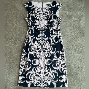 Connected Apparel Black and Pink  Damask Sheath Midi Dress W/ Belt Size 16